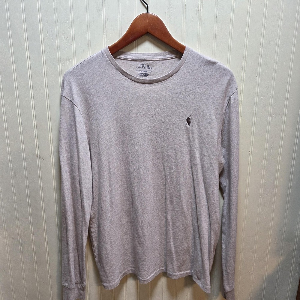 Polo Ralph Lauren Shirt Mens Medium Beige Long Sleeve Pony Logo Tee Tagless - Picture 2 of 7